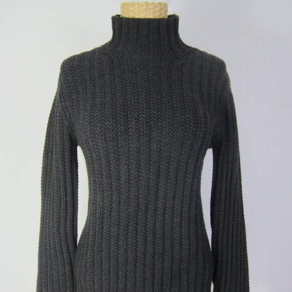 Vtg Theory Women L Charcoal Gray Black LS Wool Textured Rib Mock Neck Sweater - Picture 4 of 10